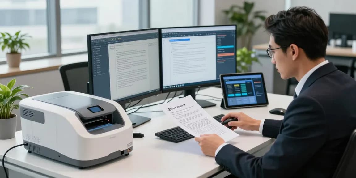 Effective document fraud detection workspace showcasing technology and analysis tools in a professional office.