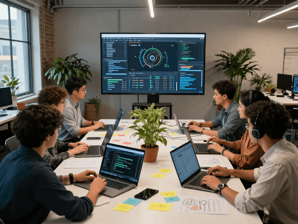Collaboration scene of AI developers working on Juicy ai project in a modern tech workspace.