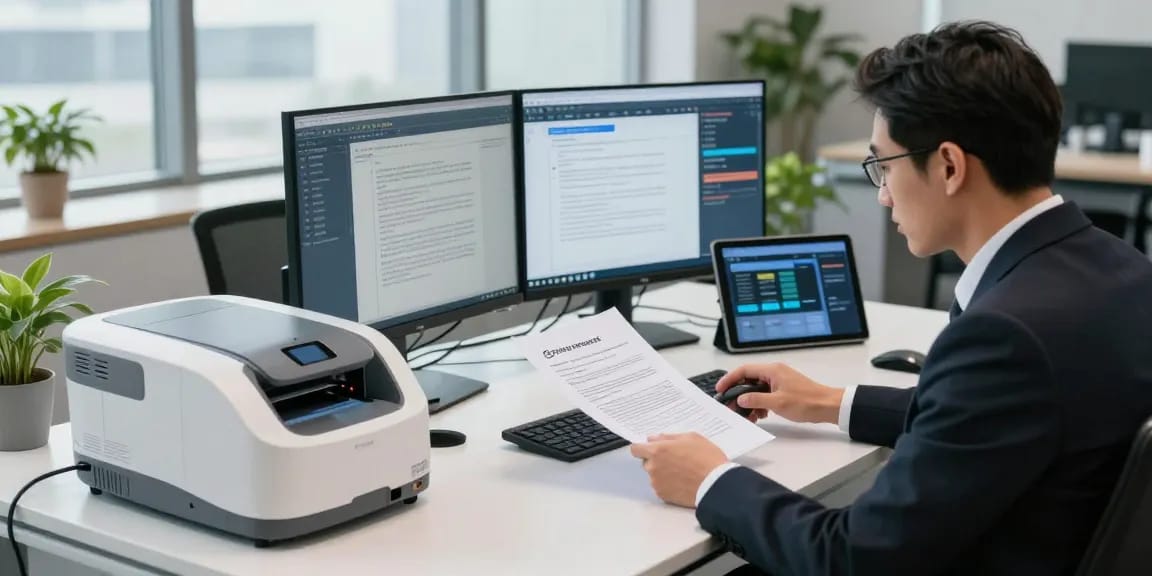 Effective document fraud detection workspace showcasing technology and analysis tools in a professional office.