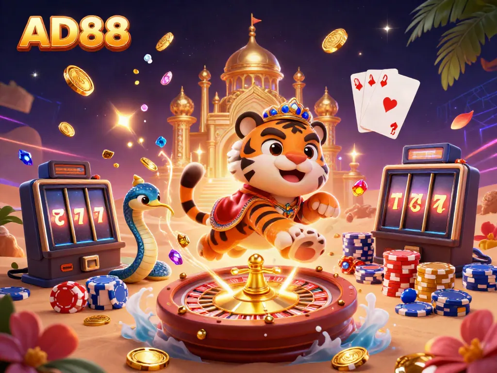 Experience the enchanting world of AD88 with a vibrant casino-themed scene featuring a tiger sultan and magical elements.