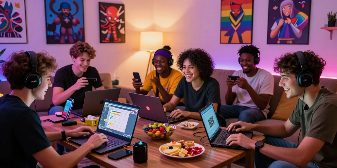 Friends enjoying a gay porn game in a cozy gaming setup with laptops and snacks.