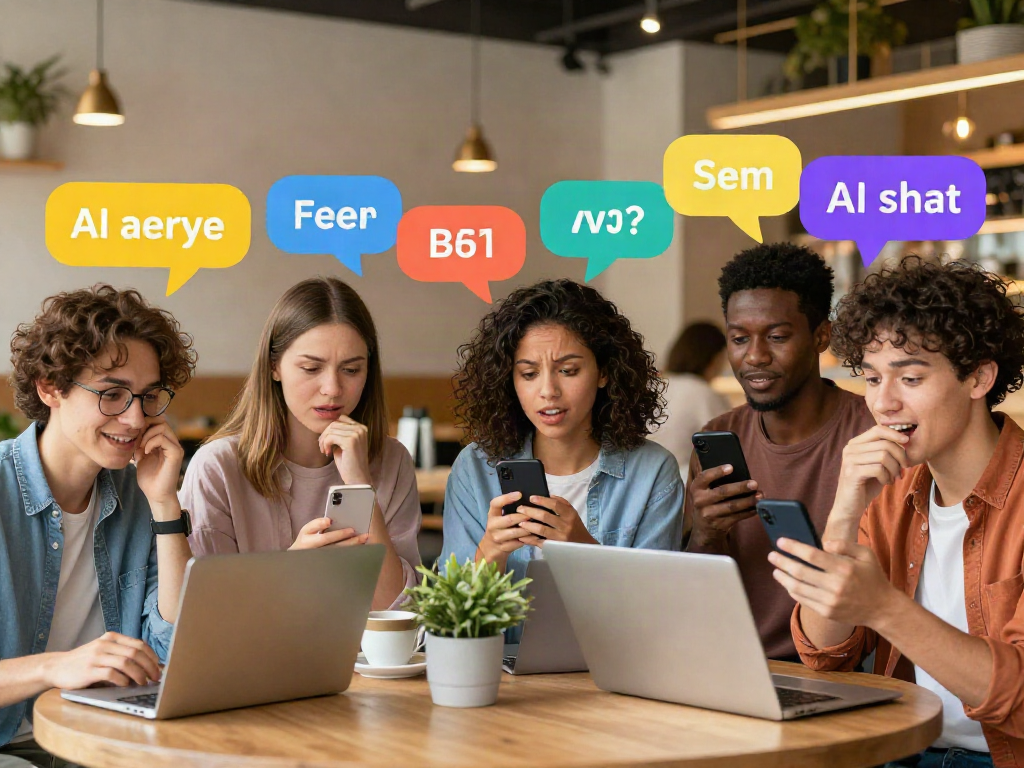 Diverse individuals interacting with free AI sex chat platforms in a cozy café setting.