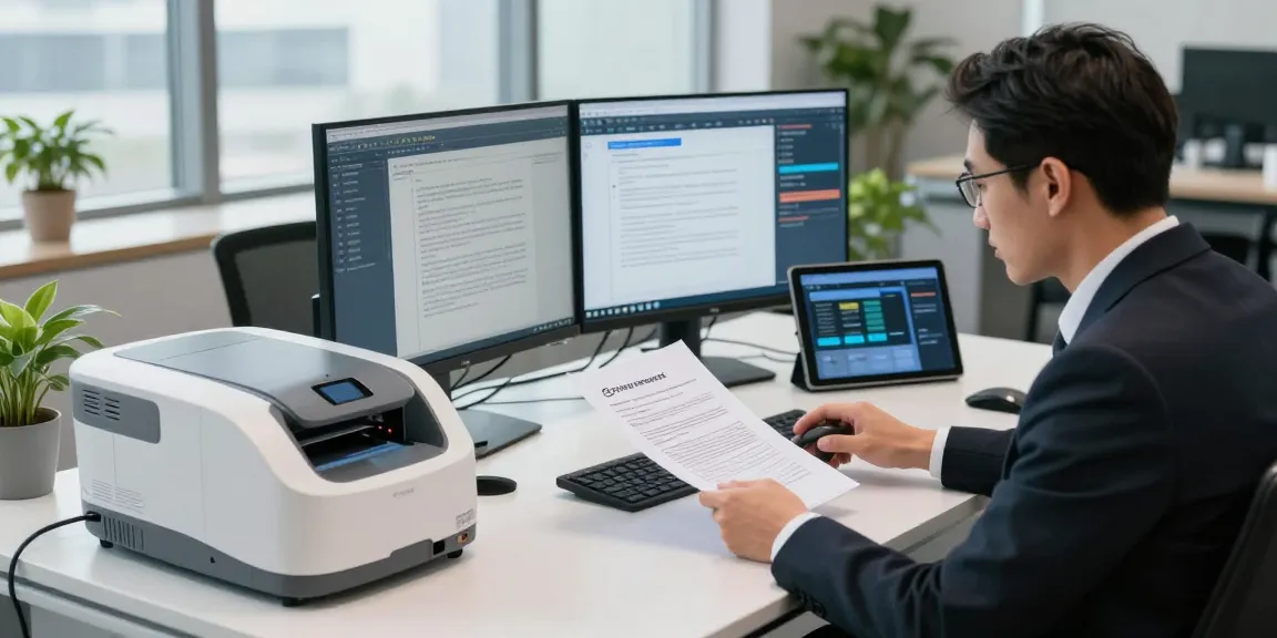 Effective document fraud detection workspace showcasing technology and analysis tools in a professional office.