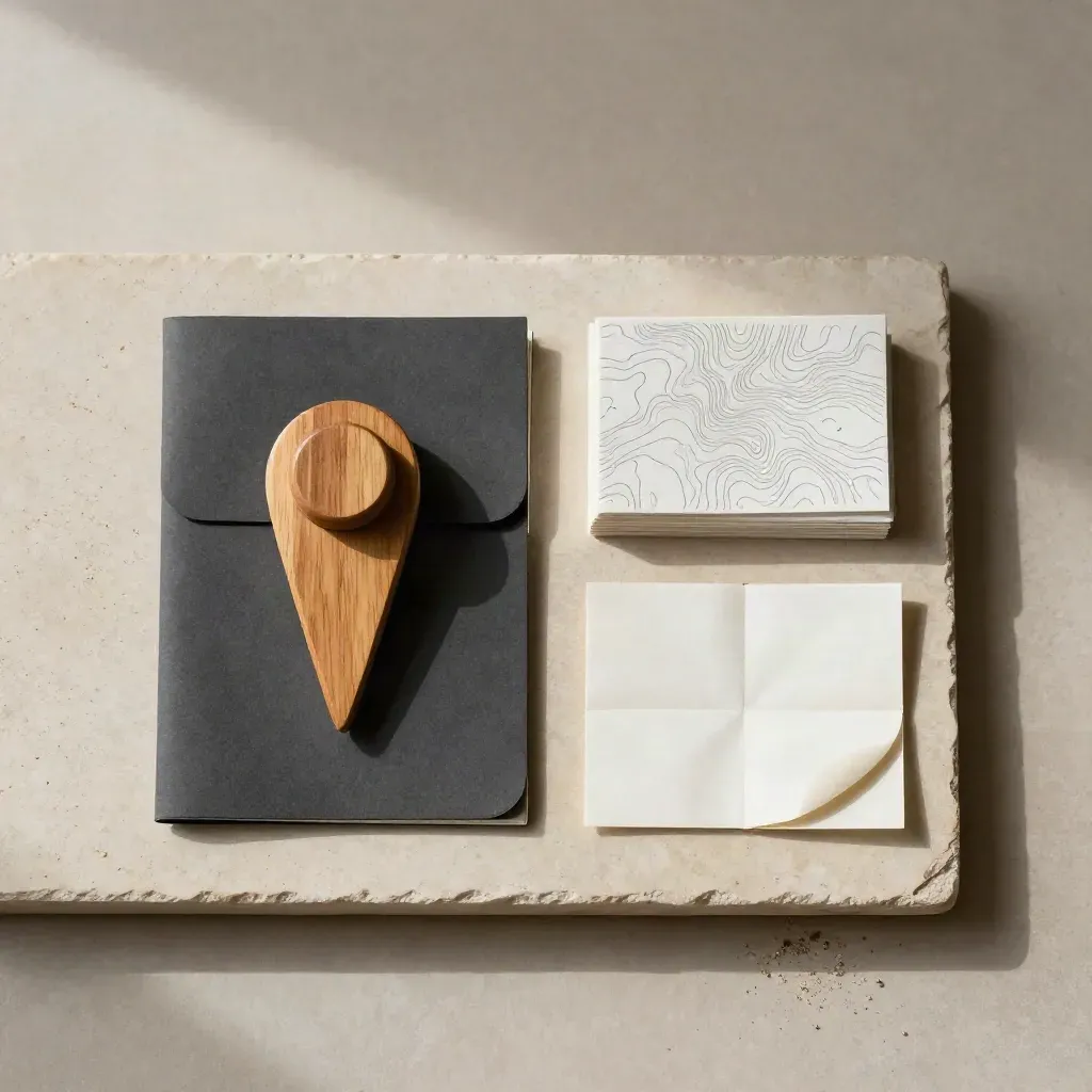 Flat lay overhead di un kit SEO locale con cartellina scura, gettone in legno e carte topografiche