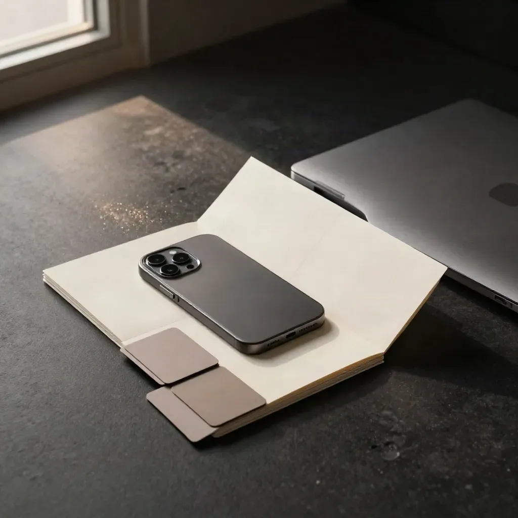 Kit lancio digitale su fondo nero con laptop, telefono e schede, luce drammatica