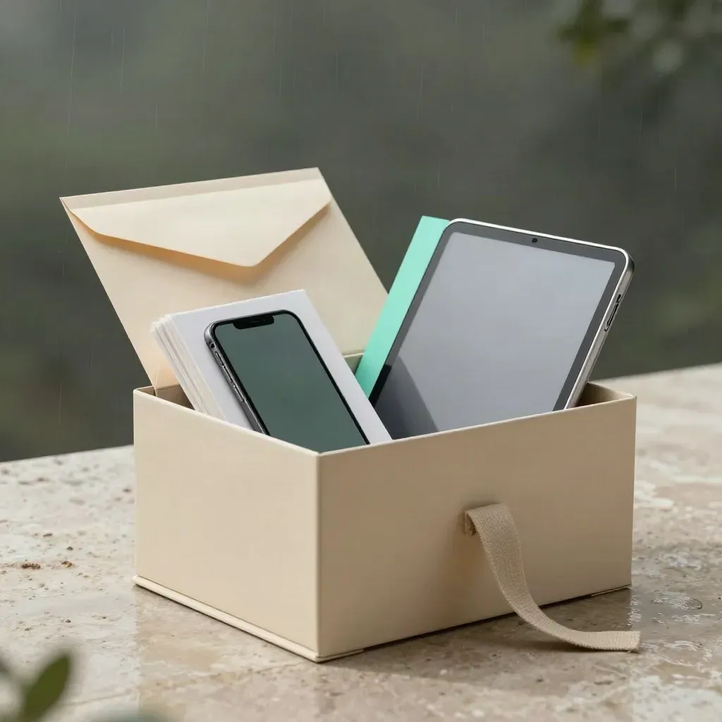 Dossier audit digitale aperto con card, tablet e telefono su pietra bagnata.
