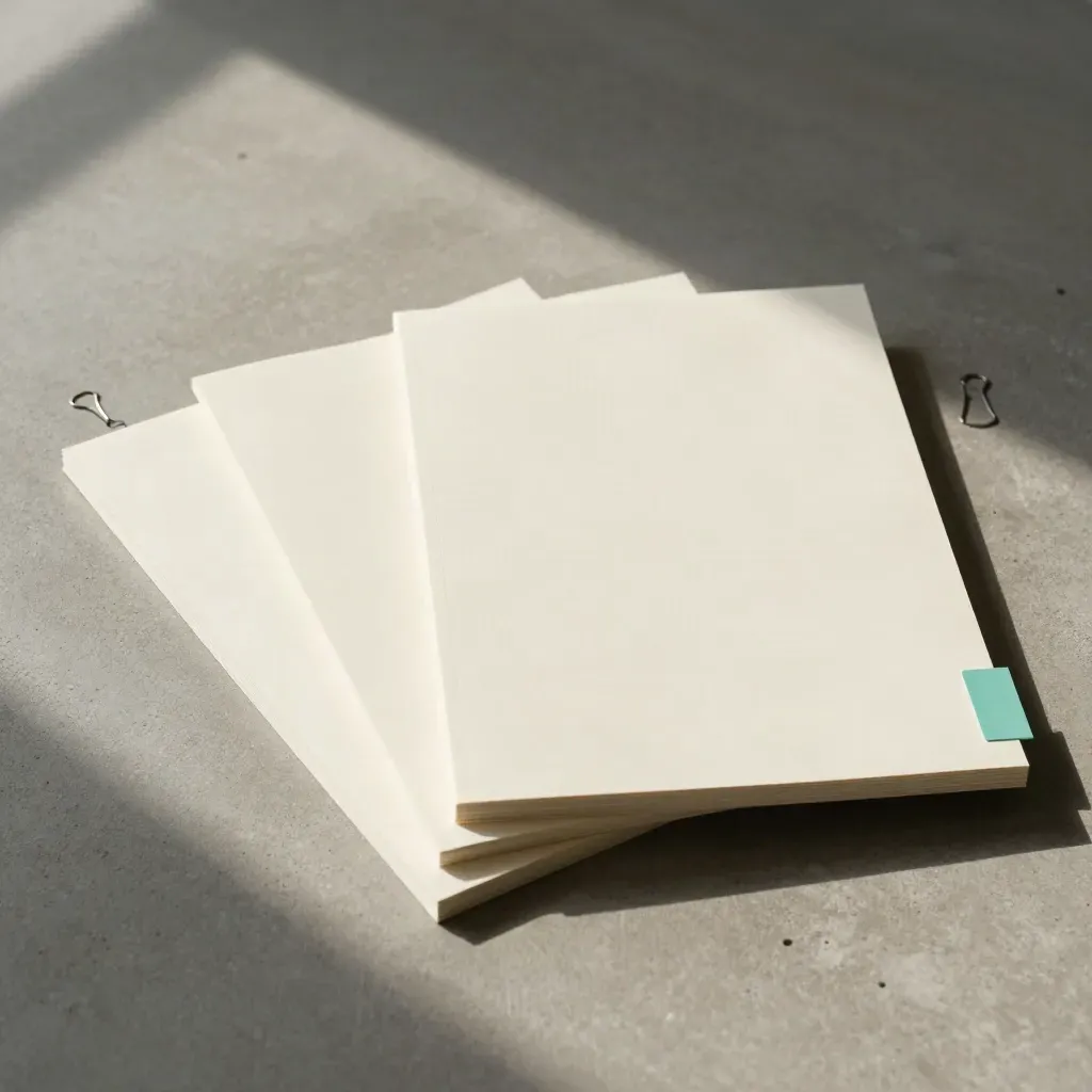 Flatlay di fogli SEO, clip sottile e mazzetta di carta su cemento chiaro.