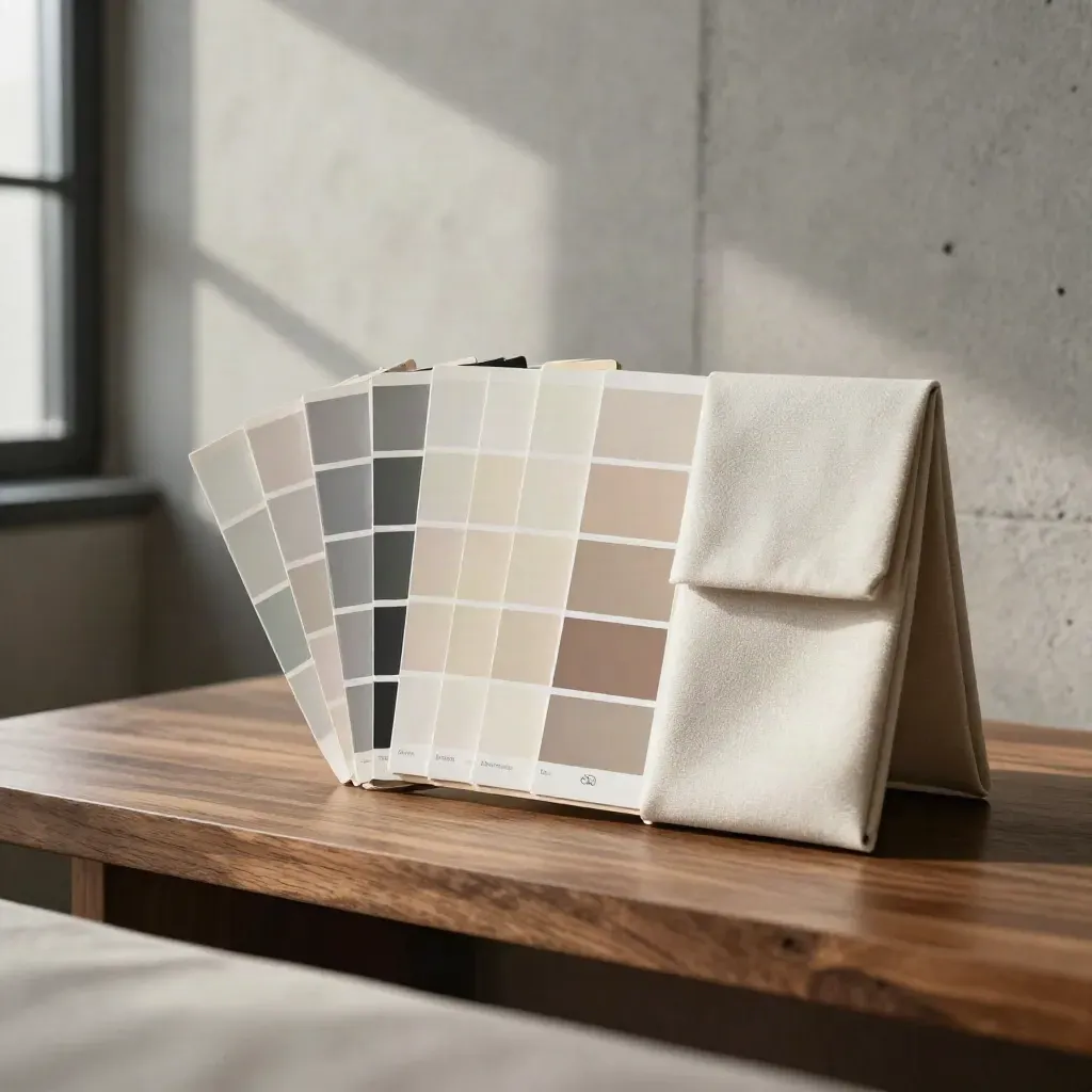 Kit brand con swatch, chip tono, blocco neutro e tessuto su cemento e luce morbida.