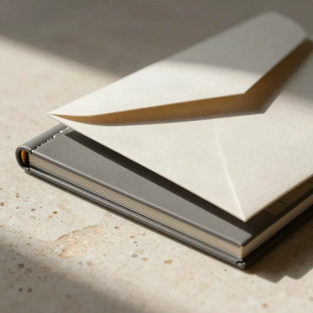 Kit audit digitale in folio su travertino chiaro, con busta sigillata e card stratificate.