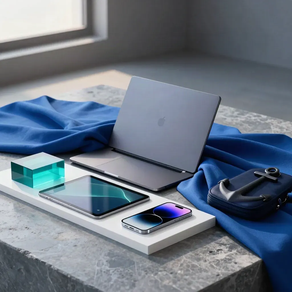 Kit digitale con laptop, tablet e blocchi turchesi su base bianca e tessuto petrolio.