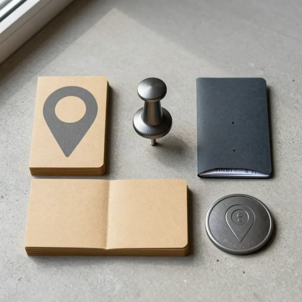 Kit SEO per Google Maps con gettone segnaposto, card location e custodia scura su cemento.
