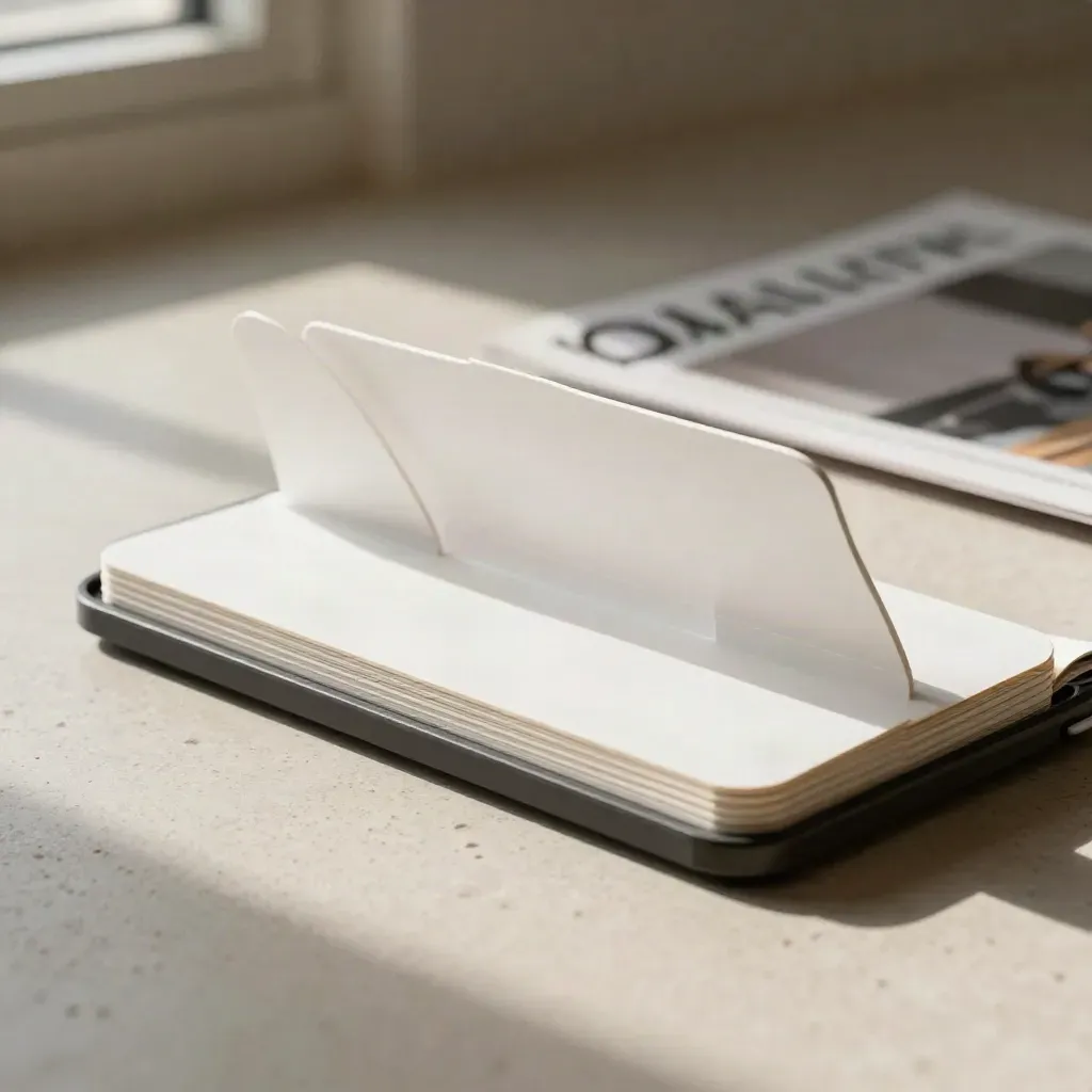 Kit search ads scuro con inserto bianco e due alette, luce drammatica su pavimento in gesso.