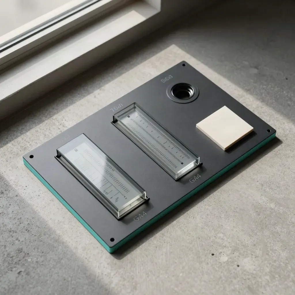 Kit dashboard GA4 su pietra chiara con blocchi metrici traslucidi e tessera chiara.