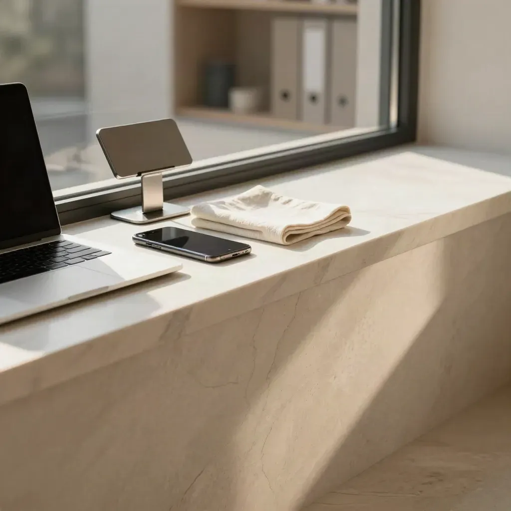 Davanzale in marmo illuminato dal sole con laptop e tablet in studio moderno