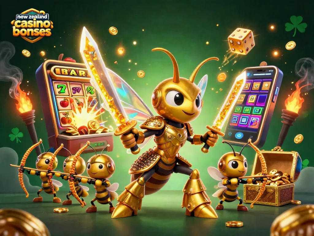 Experience new zealand casino bonuses with vibrant 3D illustration of a golden hornet samurai surrounded by dynamic gaming elements.