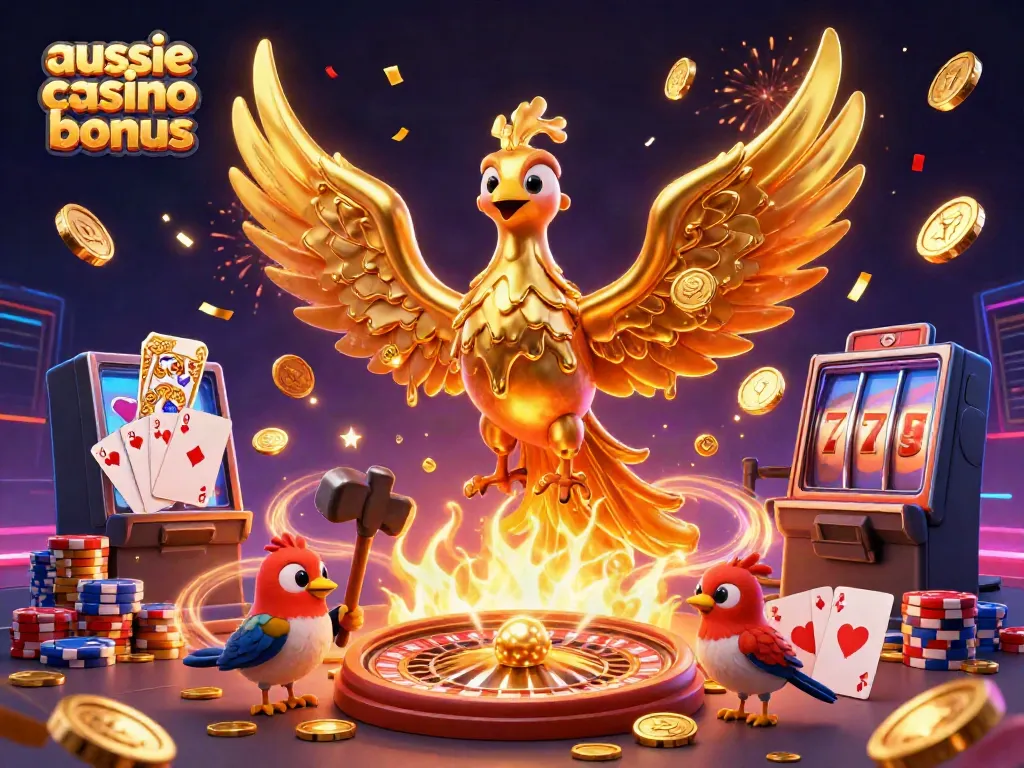 Win with the aussie casino bonus, as a phoenix unfolds gold amidst vibrant casino elements.
