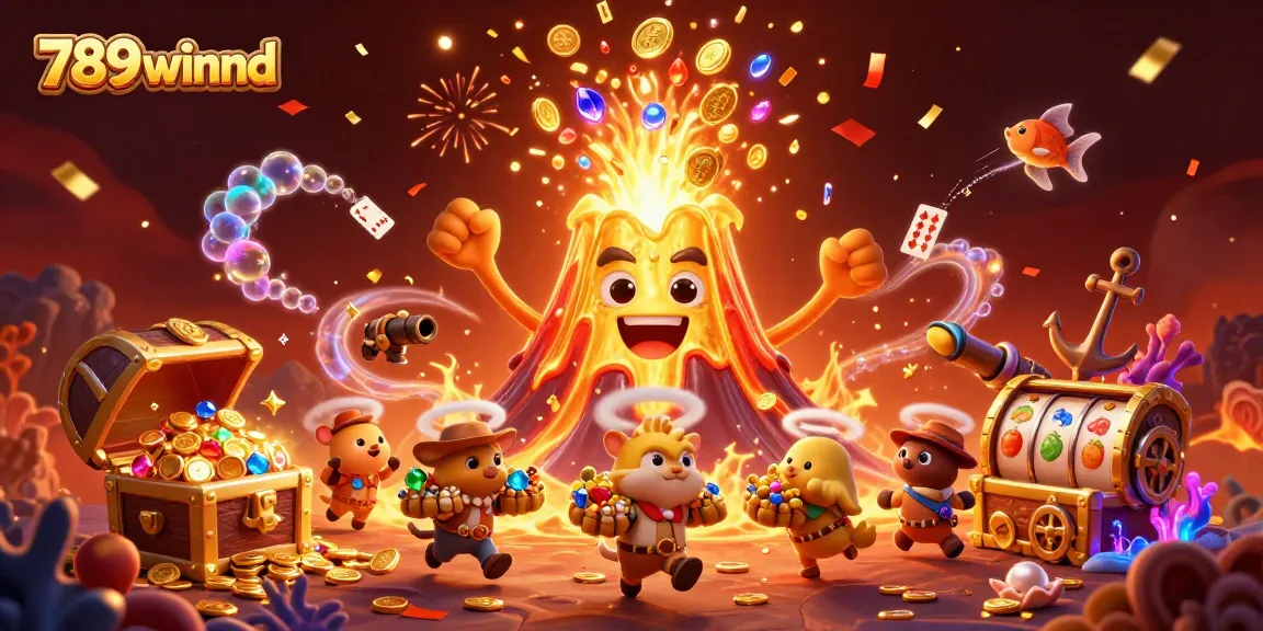 Engage with the thrilling action at 789winnd where a golden volcano erupts treasures amidst slot machines and festive celebrations.