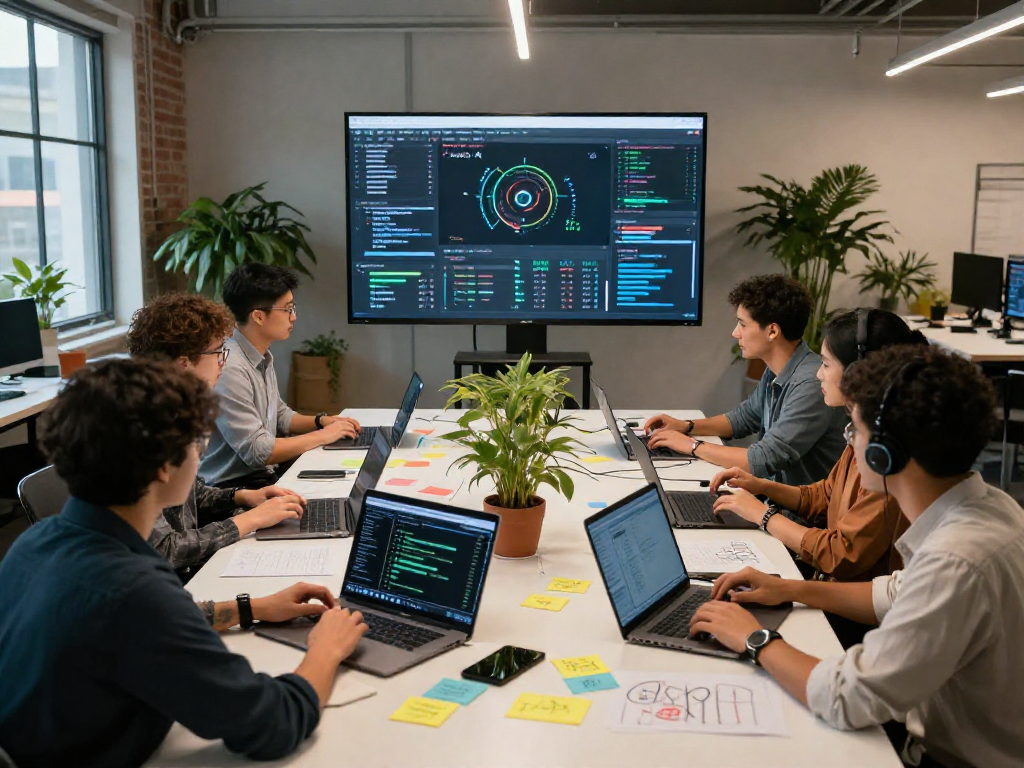 Collaboration scene of AI developers working on Juicy ai project in a modern tech workspace.