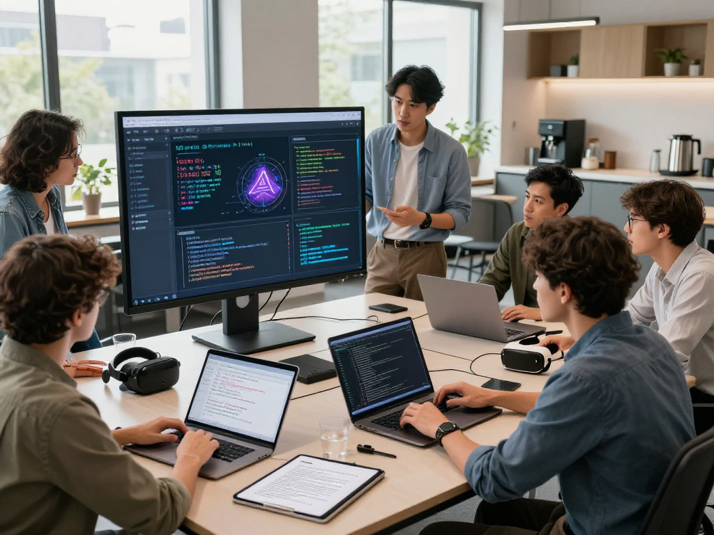 Dynamic tech team brainstorming hot AI innovations in a modern workspace