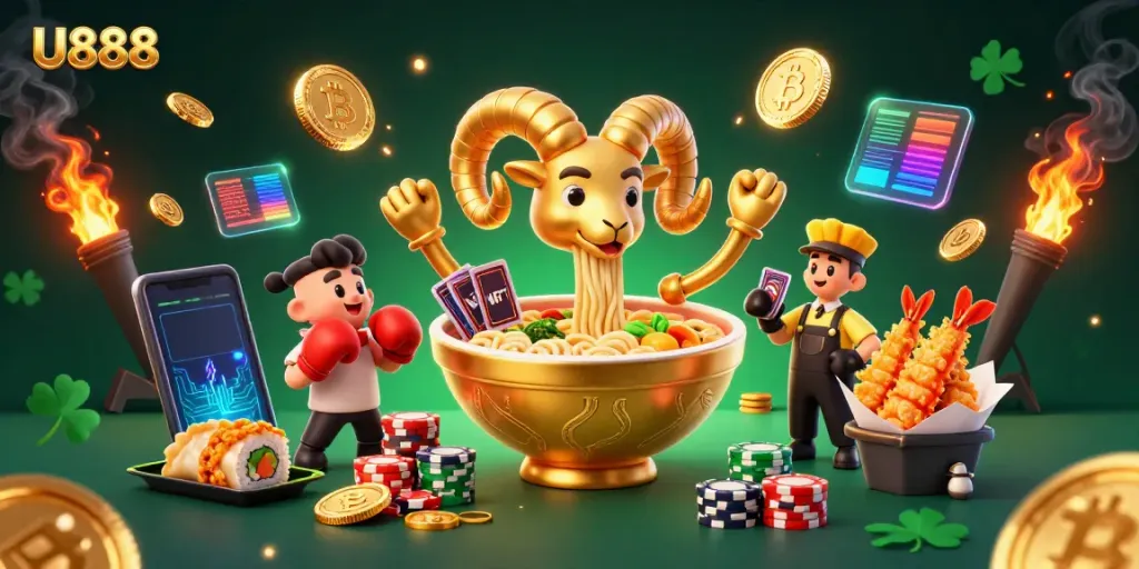 Experience U888's vibrant gaming world with a 3D golden ramen bowl dealer and crypto elements!