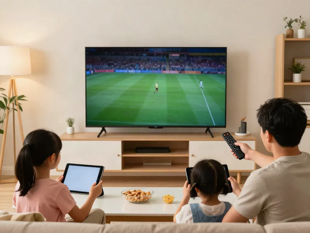 Family enjoying test iptv services together in a cozy living room.